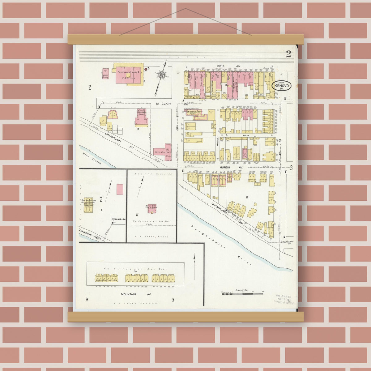 Old map wall art mockup — magnetic wood frame on brick wall — Sanborn Fire Insurance Map from Renovo, Clinton County, Pennsylvania (1911), Sheet #0002