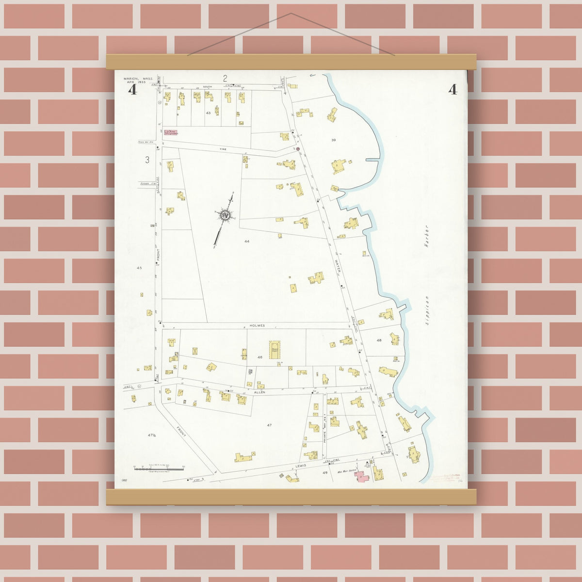 Old map wall art mockup — magnetic wood frame on brick wall — Sanborn Fire Insurance Map from Marion, Plymouth County, Massachusetts (1933), Sheet #0004