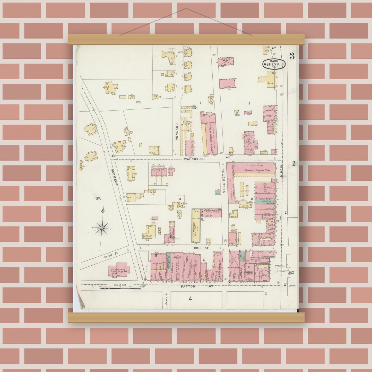 Old map wall art mockup — magnetic wood frame on brick wall — Sanborn Fire Insurance Map from Asheville, Buncombe County, North Carolina (1896), Sheet #0003
