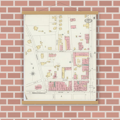 Old map wall art mockup — magnetic wood frame on brick wall — Sanborn Fire Insurance Map from Asheville, Buncombe County, North Carolina (1896), Sheet #0003