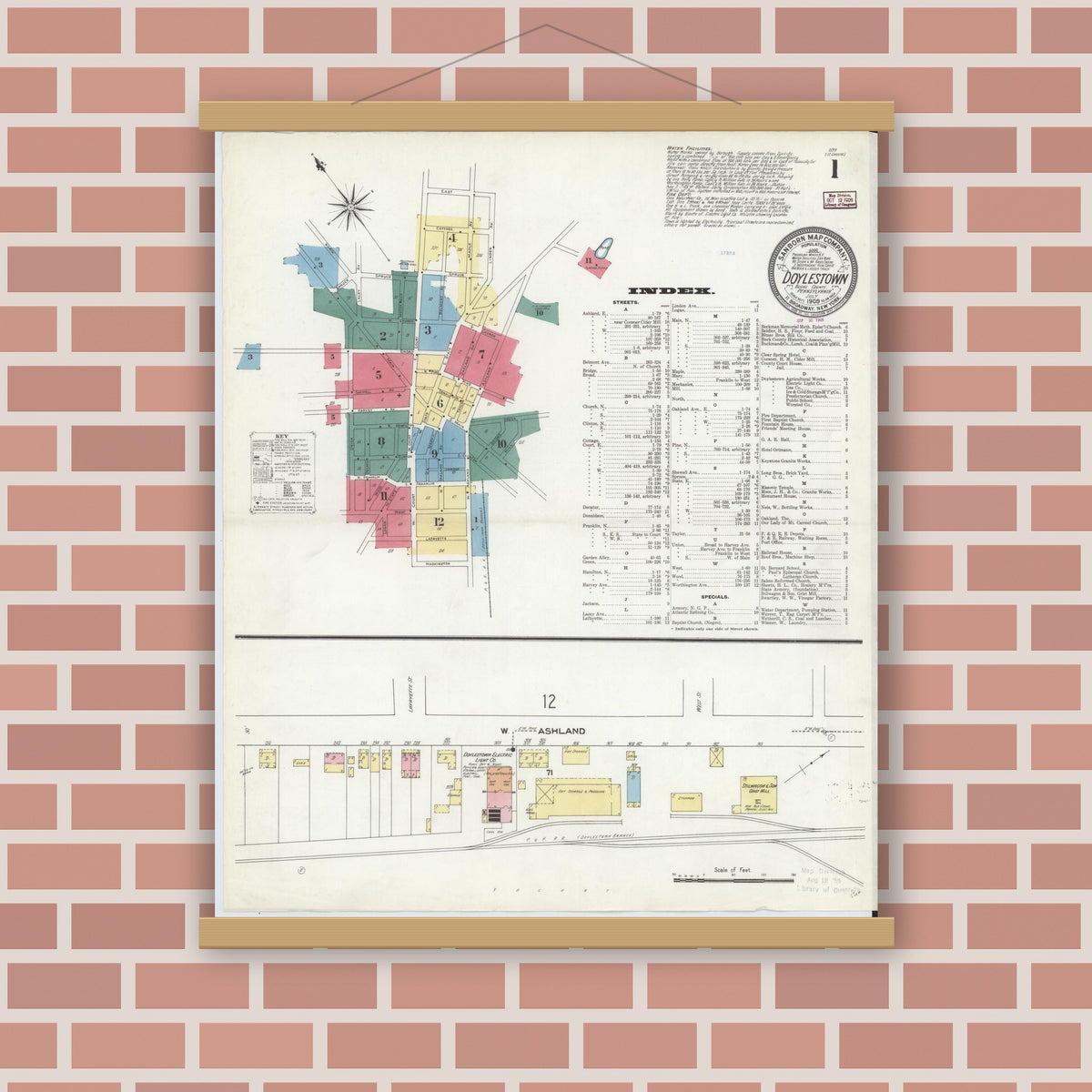 Old map wall art mockup — magnetic wood frame on brick wall — Sanborn Fire Insurance Map from Doylestown, Bucks County, Pennsylvania (1909) - Complete Map Set