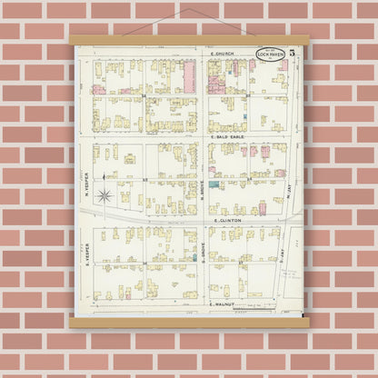 Old map wall art mockup — magnetic wood frame on brick wall — Sanborn Fire Insurance Map from Lock Haven, Clinton County, Pennsylvania (1891), Sheet #0005