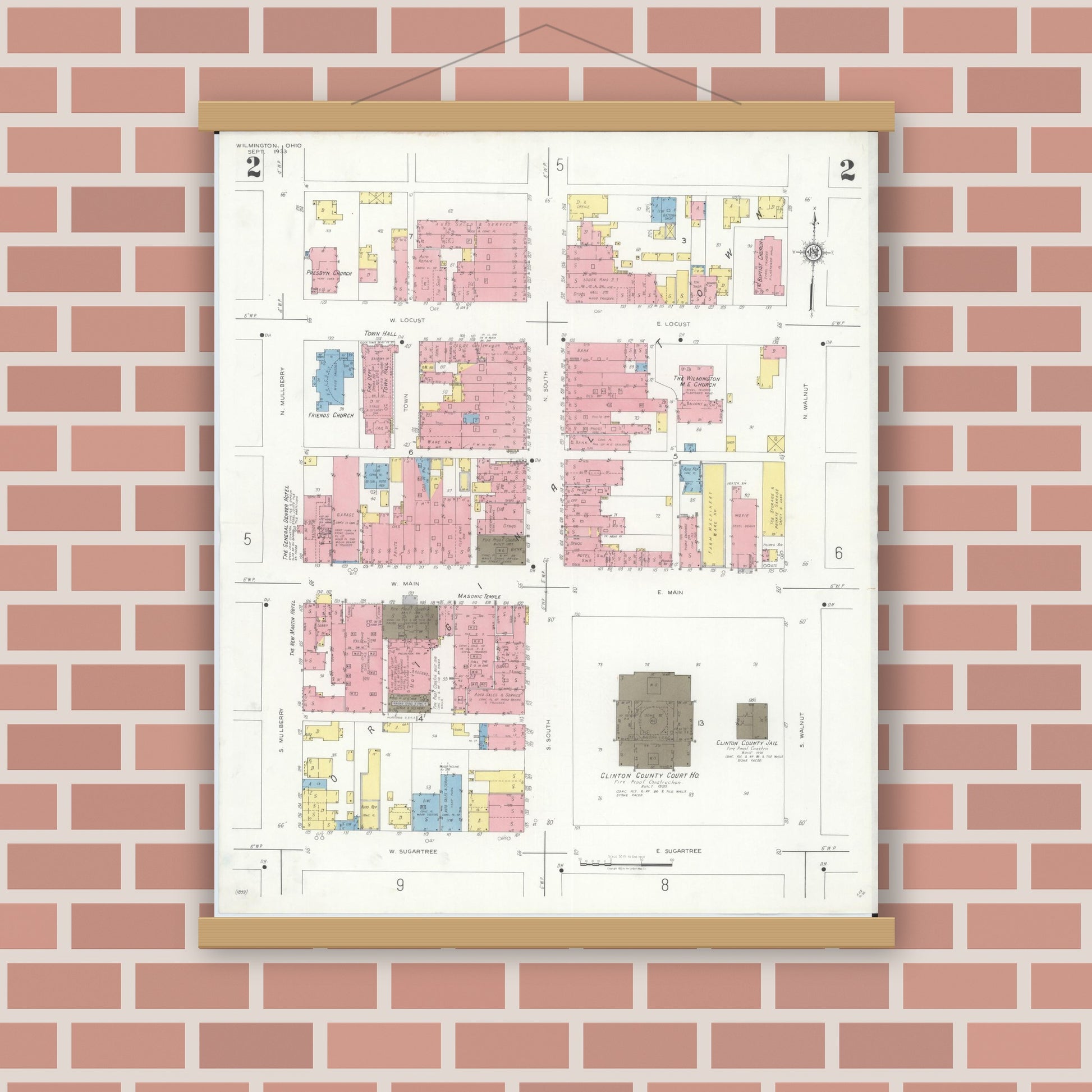 Old map wall art mockup — magnetic wood frame on brick wall — Sanborn Fire Insurance Map from Wilmington, Clinton County, Ohio (1933), Sheet #0002