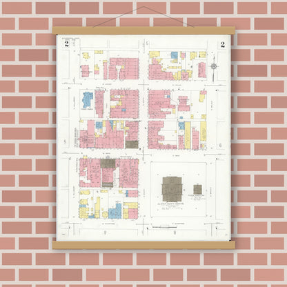 Old map wall art mockup — magnetic wood frame on brick wall — Sanborn Fire Insurance Map from Wilmington, Clinton County, Ohio (1933), Sheet #0002