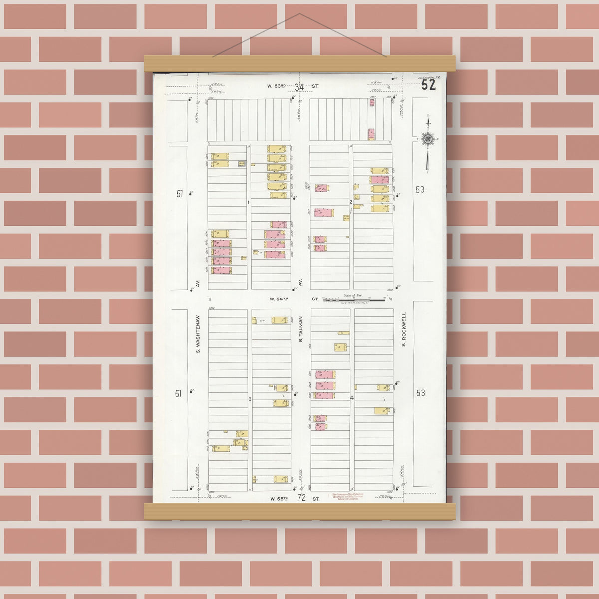Old map wall art mockup — magnetic wood frame on brick wall — Sanborn Fire Insurance Map from Chicago, Cook County, Illinois (1920), Sheet #0052