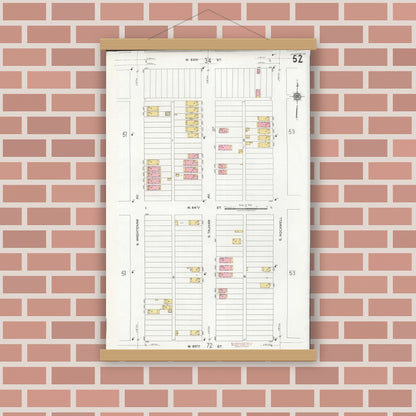 Old map wall art mockup — magnetic wood frame on brick wall — Sanborn Fire Insurance Map from Chicago, Cook County, Illinois (1920), Sheet #0052
