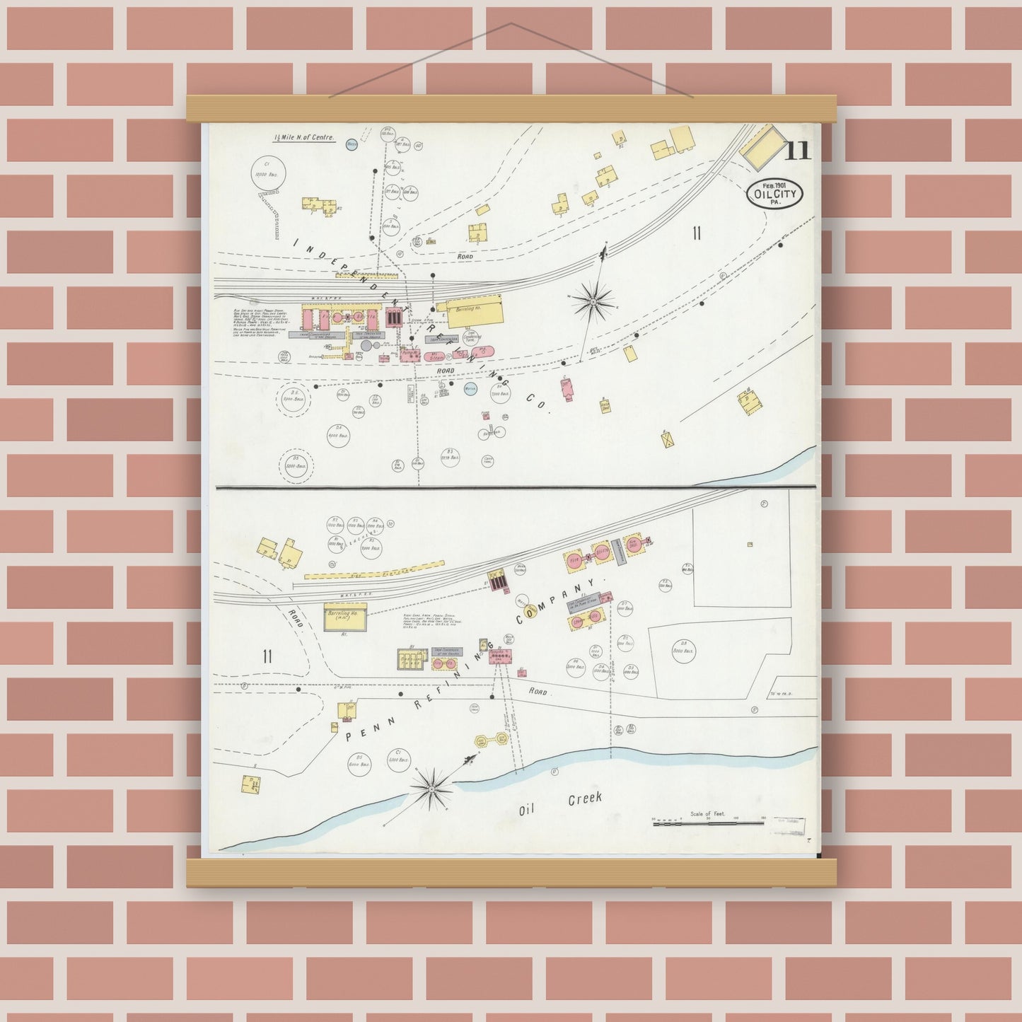 Old map wall art mockup — magnetic wood frame on brick wall — Sanborn Fire Insurance Map from Oil City, Venango County, Pennsylvania (1901), Sheet #0011