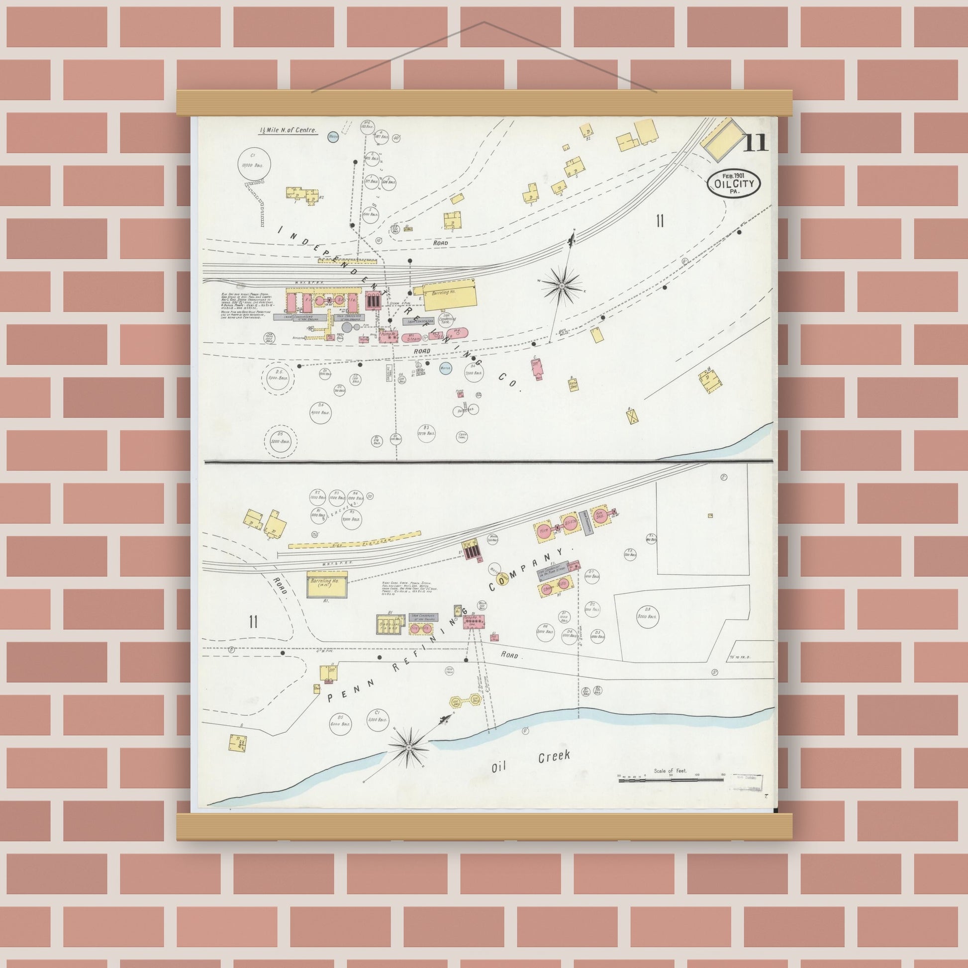 Old map wall art mockup — magnetic wood frame on brick wall — Sanborn Fire Insurance Map from Oil City, Venango County, Pennsylvania (1901), Sheet #0011