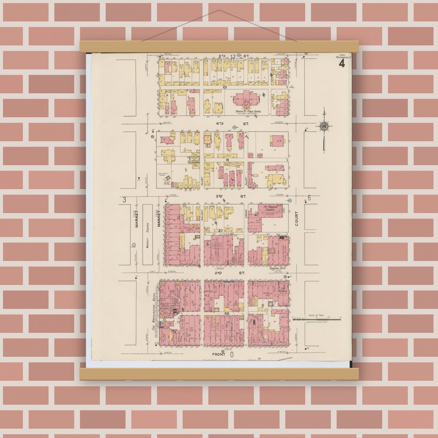 Old map wall art mockup — magnetic wood frame on brick wall — Sanborn Fire Insurance Map from Portsmouth, Scioto County, Ohio (1921), Sheet #0004
