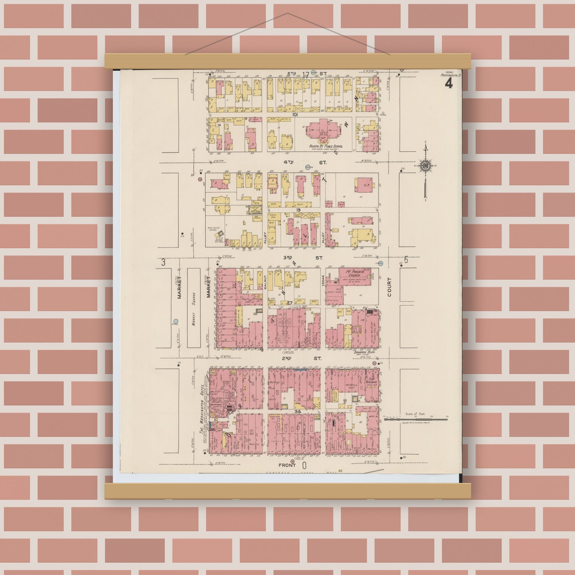 Old map wall art mockup — magnetic wood frame on brick wall — Sanborn Fire Insurance Map from Portsmouth, Scioto County, Ohio (1921), Sheet #0004