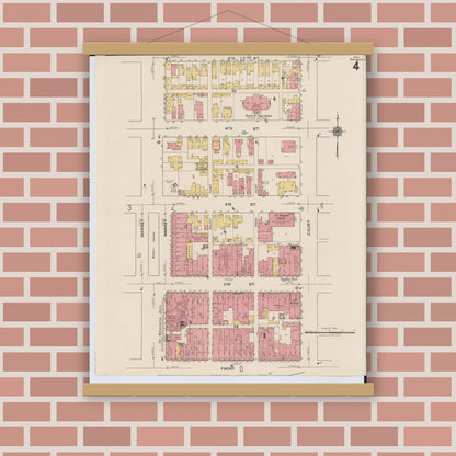 Old map wall art mockup — magnetic wood frame on brick wall — Sanborn Fire Insurance Map from Portsmouth, Scioto County, Ohio (1921), Sheet #0004