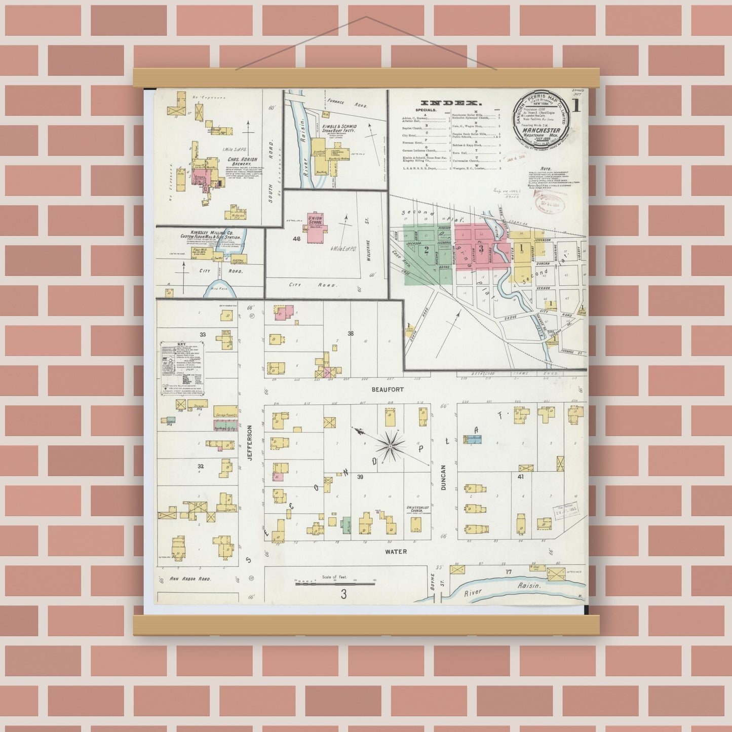 Old map wall art mockup — magnetic wood frame on brick wall — Sanborn Fire Insurance Map from Manchester, Washtenaw County, Michigan (1899) - Complete Map Set