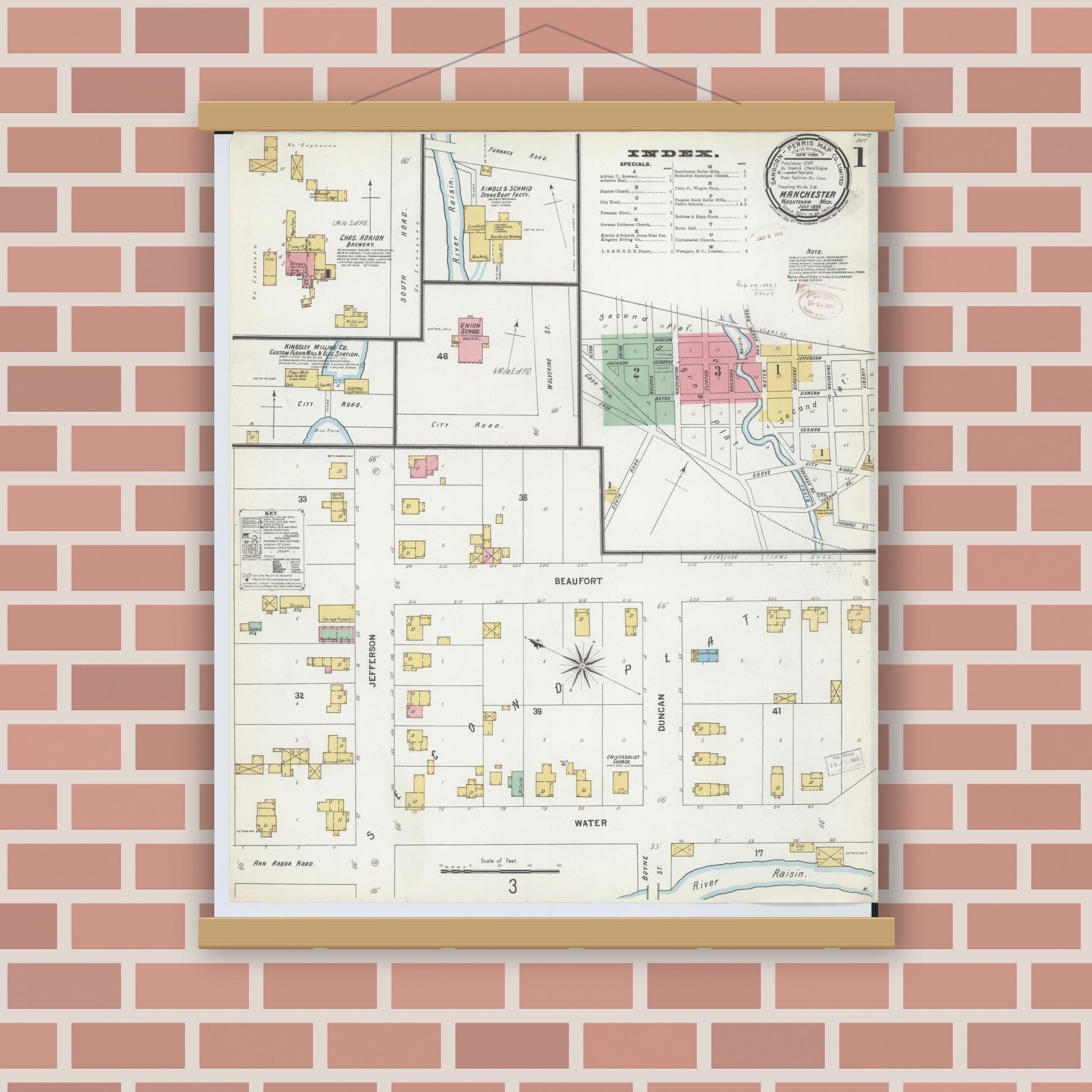 Old map wall art mockup — magnetic wood frame on brick wall — Sanborn Fire Insurance Map from Manchester, Washtenaw County, Michigan (1899) - Complete Map Set