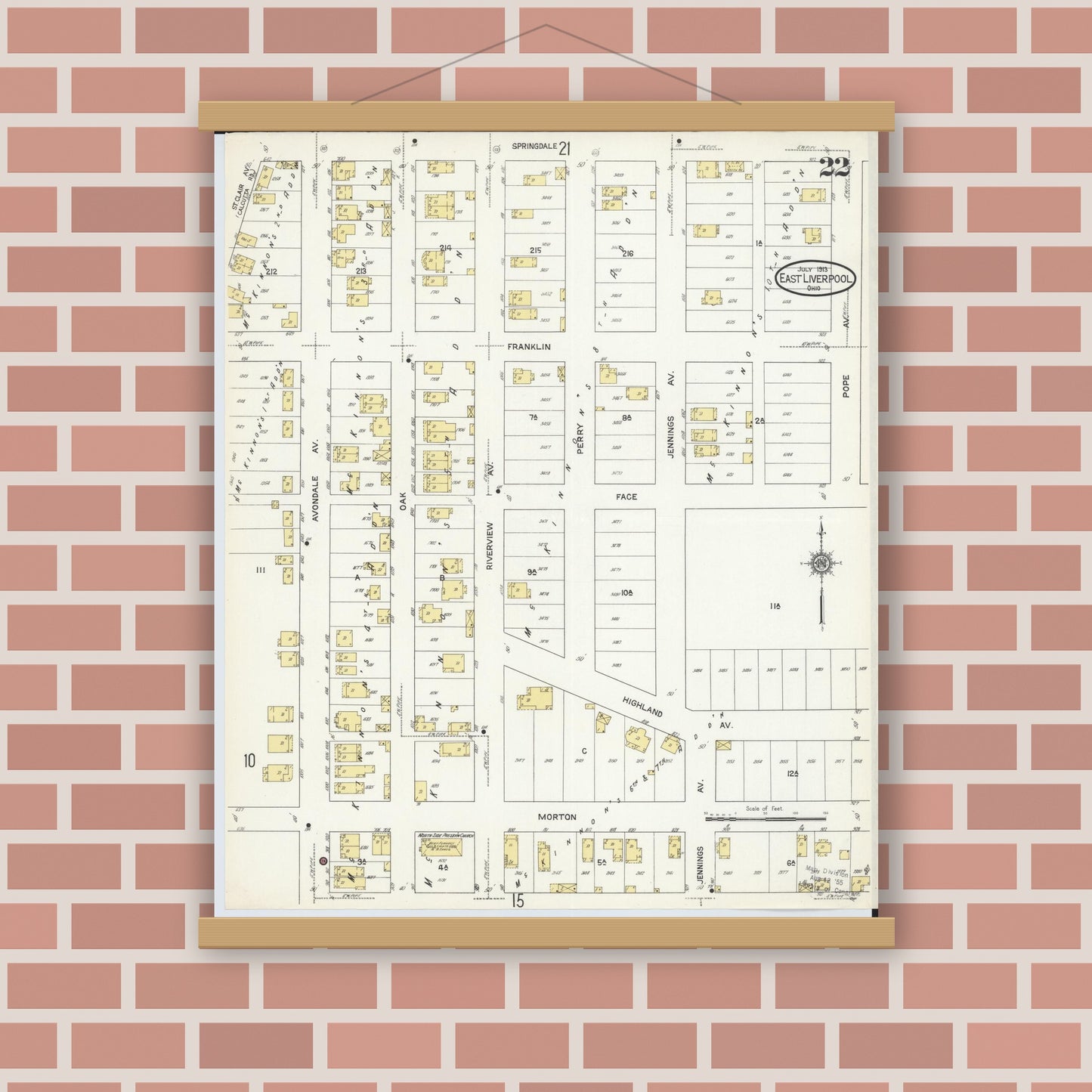 Old map wall art mockup — magnetic wood frame on brick wall — Sanborn Fire Insurance Map from East Liverpool, Columbiana County, Ohio (1913), Sheet #0022