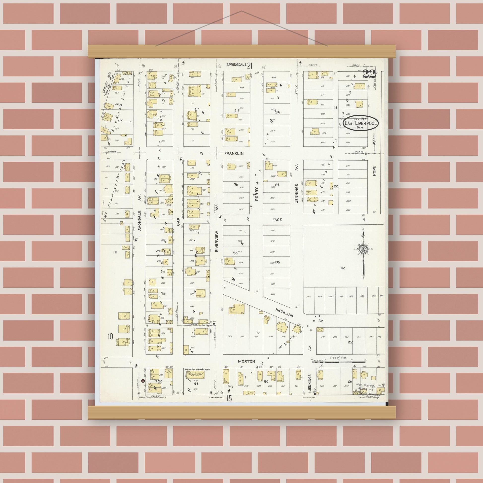 Old map wall art mockup — magnetic wood frame on brick wall — Sanborn Fire Insurance Map from East Liverpool, Columbiana County, Ohio (1913), Sheet #0022