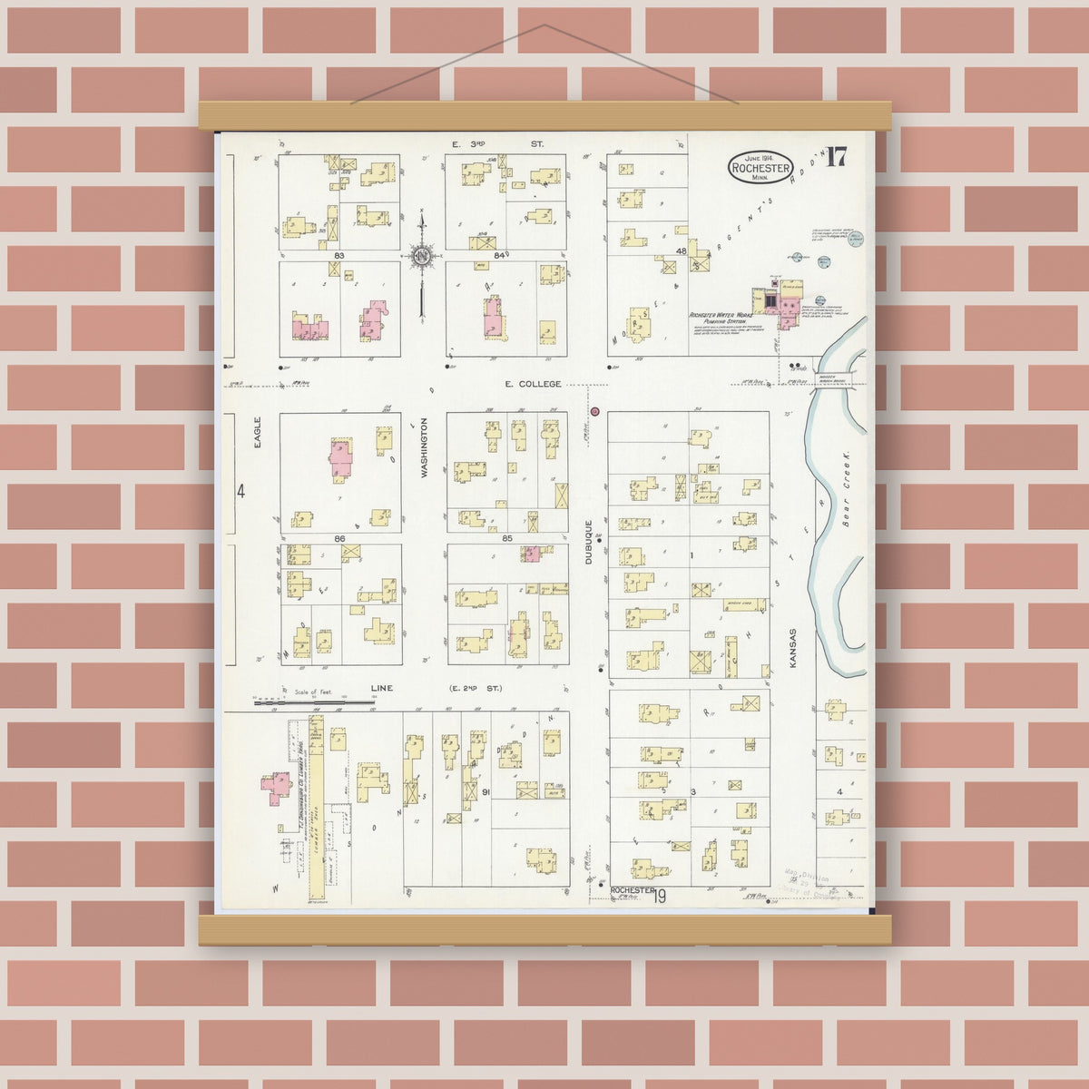 Old map wall art mockup — magnetic wood frame on brick wall — Sanborn Fire Insurance Map from Rochester, Olmsted County, Minnesota (1914), Sheet #0017