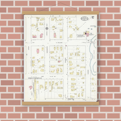 Old map wall art mockup — magnetic wood frame on brick wall — Sanborn Fire Insurance Map from Rochester, Olmsted County, Minnesota (1914), Sheet #0017