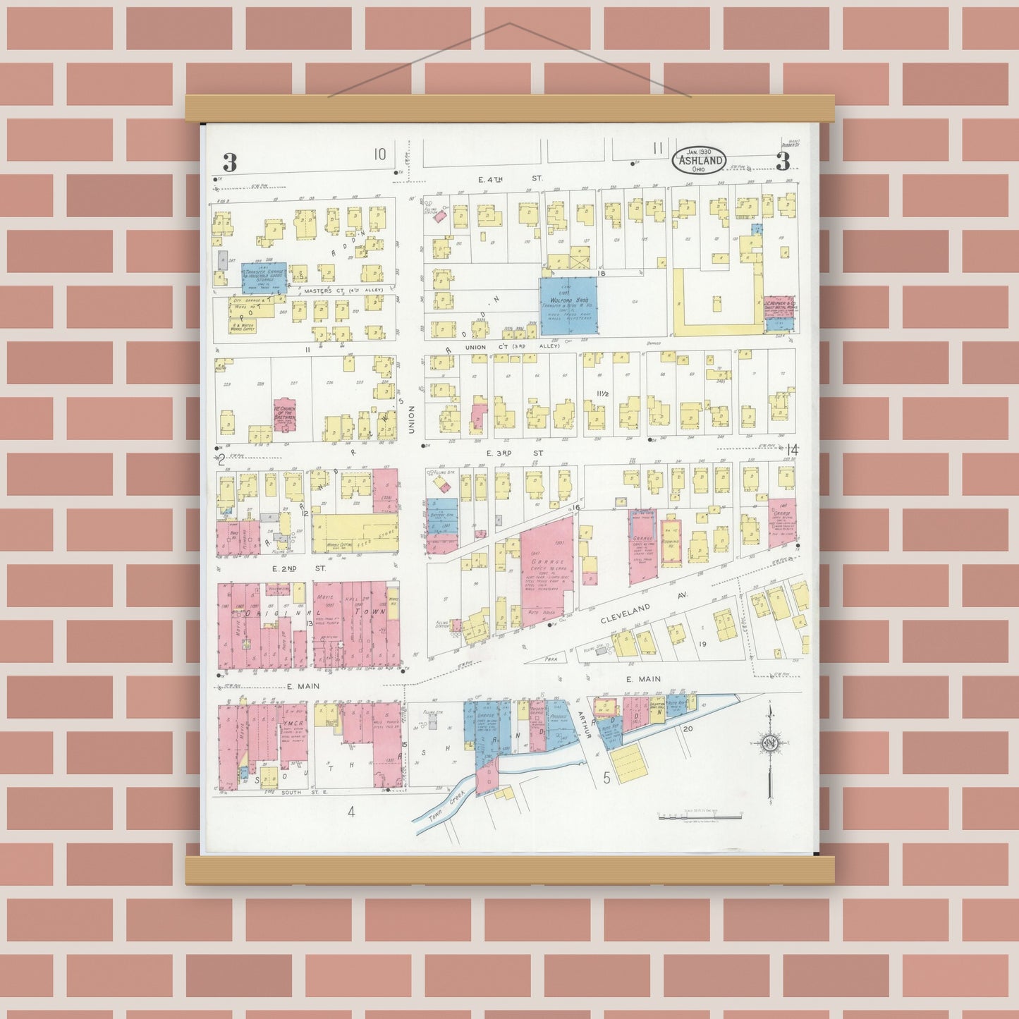 Old map wall art mockup — magnetic wood frame on brick wall — Sanborn Fire Insurance Map from Ashland, Ashland County, Ohio (1930), Sheet #0003