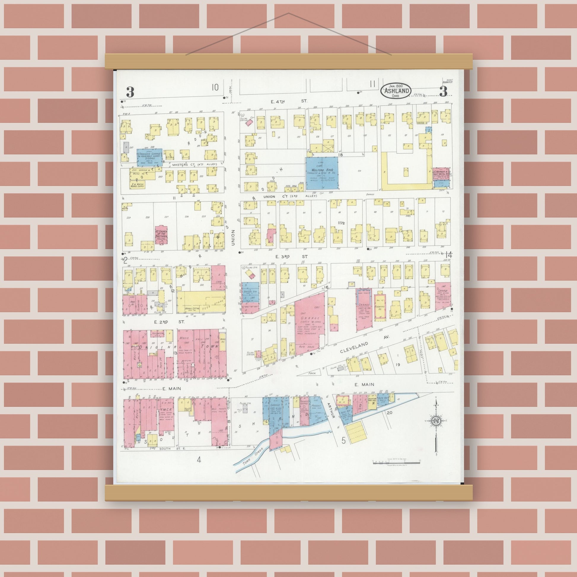 Old map wall art mockup — magnetic wood frame on brick wall — Sanborn Fire Insurance Map from Ashland, Ashland County, Ohio (1930), Sheet #0003
