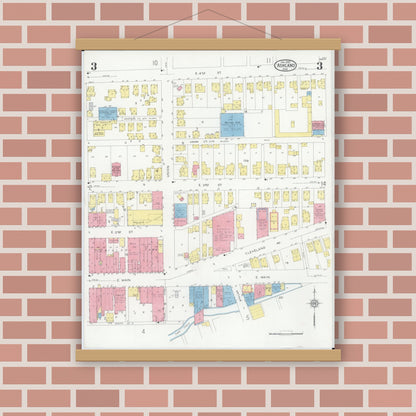 Old map wall art mockup — magnetic wood frame on brick wall — Sanborn Fire Insurance Map from Ashland, Ashland County, Ohio (1930), Sheet #0003