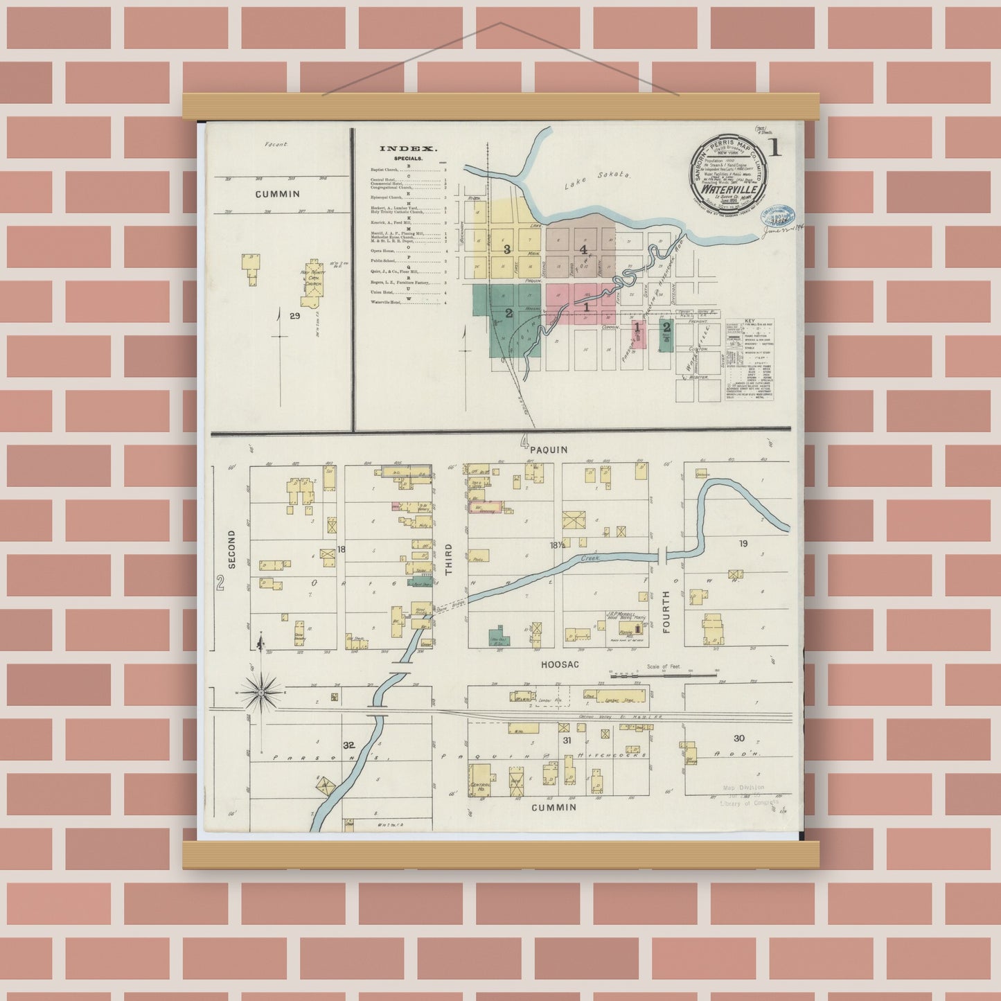 Old map wall art mockup — magnetic wood frame on brick wall — Sanborn Fire Insurance Map from Waterville, Le Sueur County, Minnesota (1894), Sheet #0001