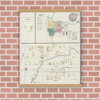 Old map wall art mockup — magnetic wood frame on brick wall — Sanborn Fire Insurance Map from Waterville, Le Sueur County, Minnesota (1894), Sheet #0001