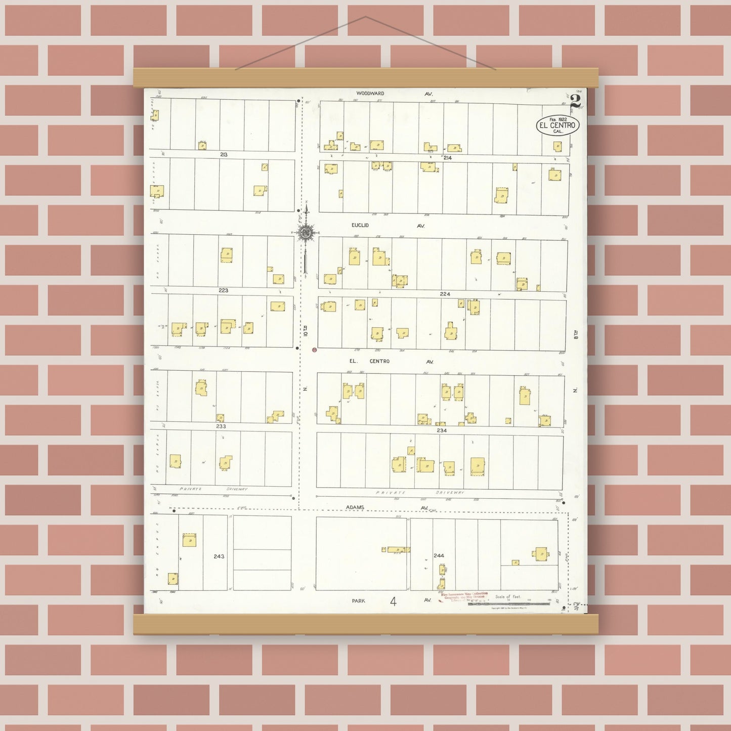 Old map wall art mockup — magnetic wood frame on brick wall — Sanborn Fire Insurance Map from El Centro, Imperial County, California (1922), Sheet #0002