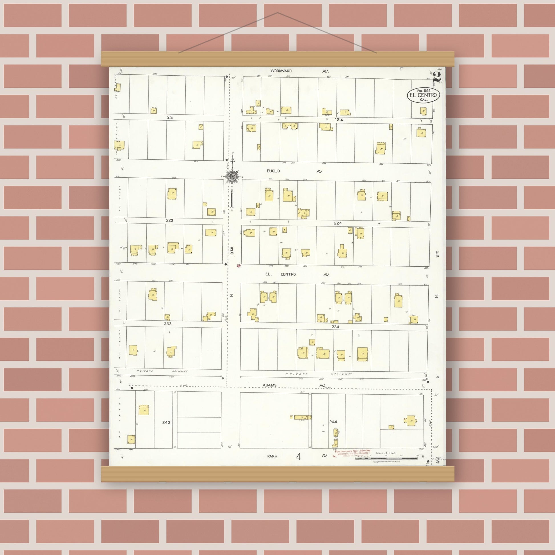 Old map wall art mockup — magnetic wood frame on brick wall — Sanborn Fire Insurance Map from El Centro, Imperial County, California (1922), Sheet #0002