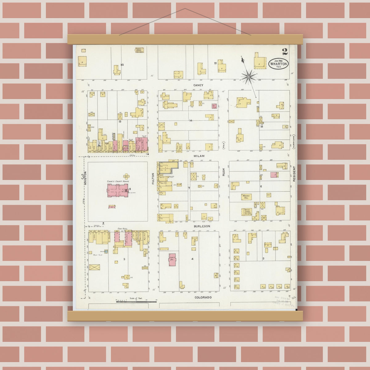 Old map wall art mockup — magnetic wood frame on brick wall — Sanborn Fire Insurance Map from Wharton, Wharton County, Texas (1906), Sheet #0002