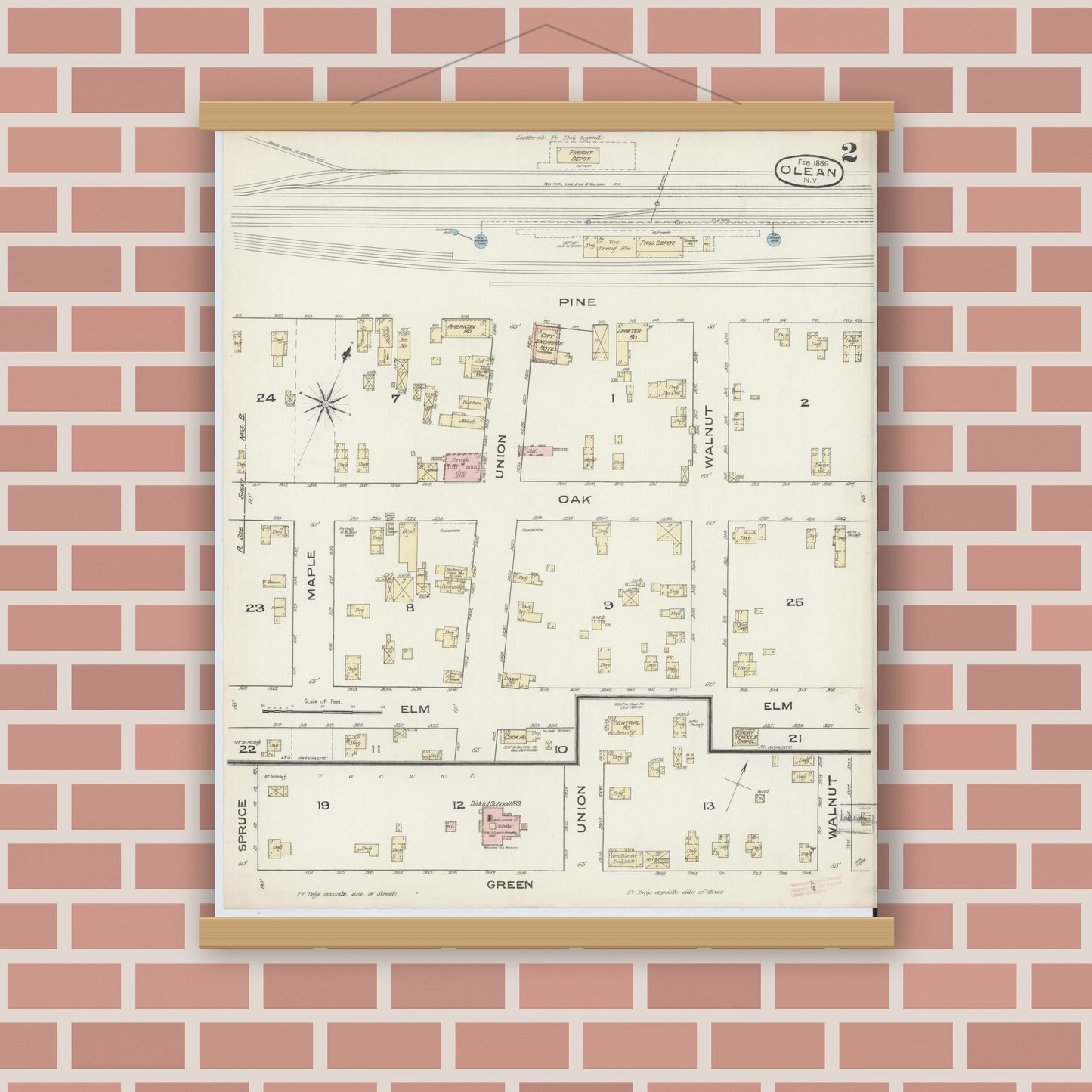 Old map wall art mockup — magnetic wood frame on brick wall — Sanborn Fire Insurance Map from Olean, Cattaraugus County, New York (1886) - Complete Map Set