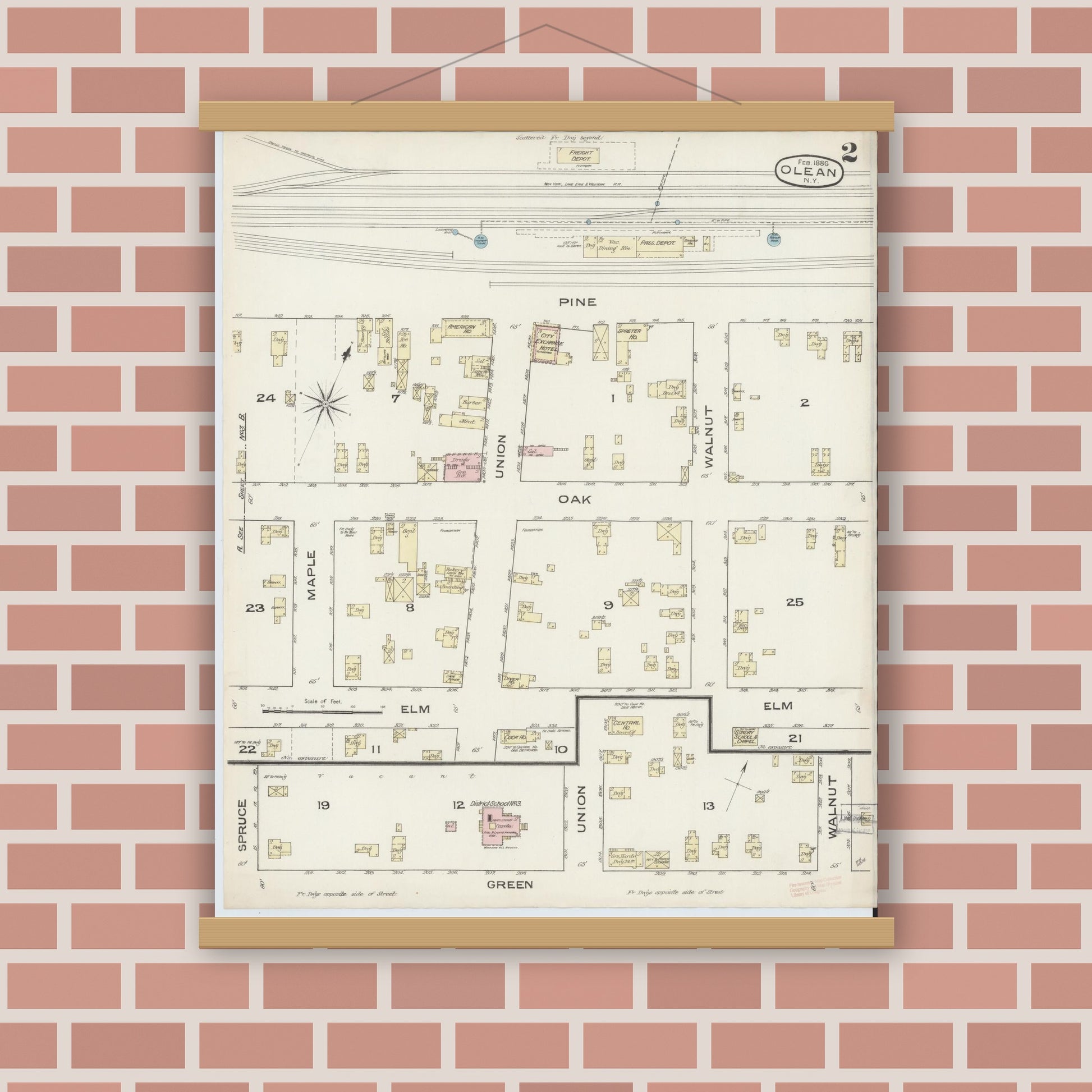 Old map wall art mockup — magnetic wood frame on brick wall — Sanborn Fire Insurance Map from Olean, Cattaraugus County, New York (1886) - Complete Map Set
