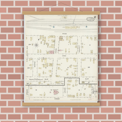 Old map wall art mockup — magnetic wood frame on brick wall — Sanborn Fire Insurance Map from Olean, Cattaraugus County, New York (1886) - Complete Map Set