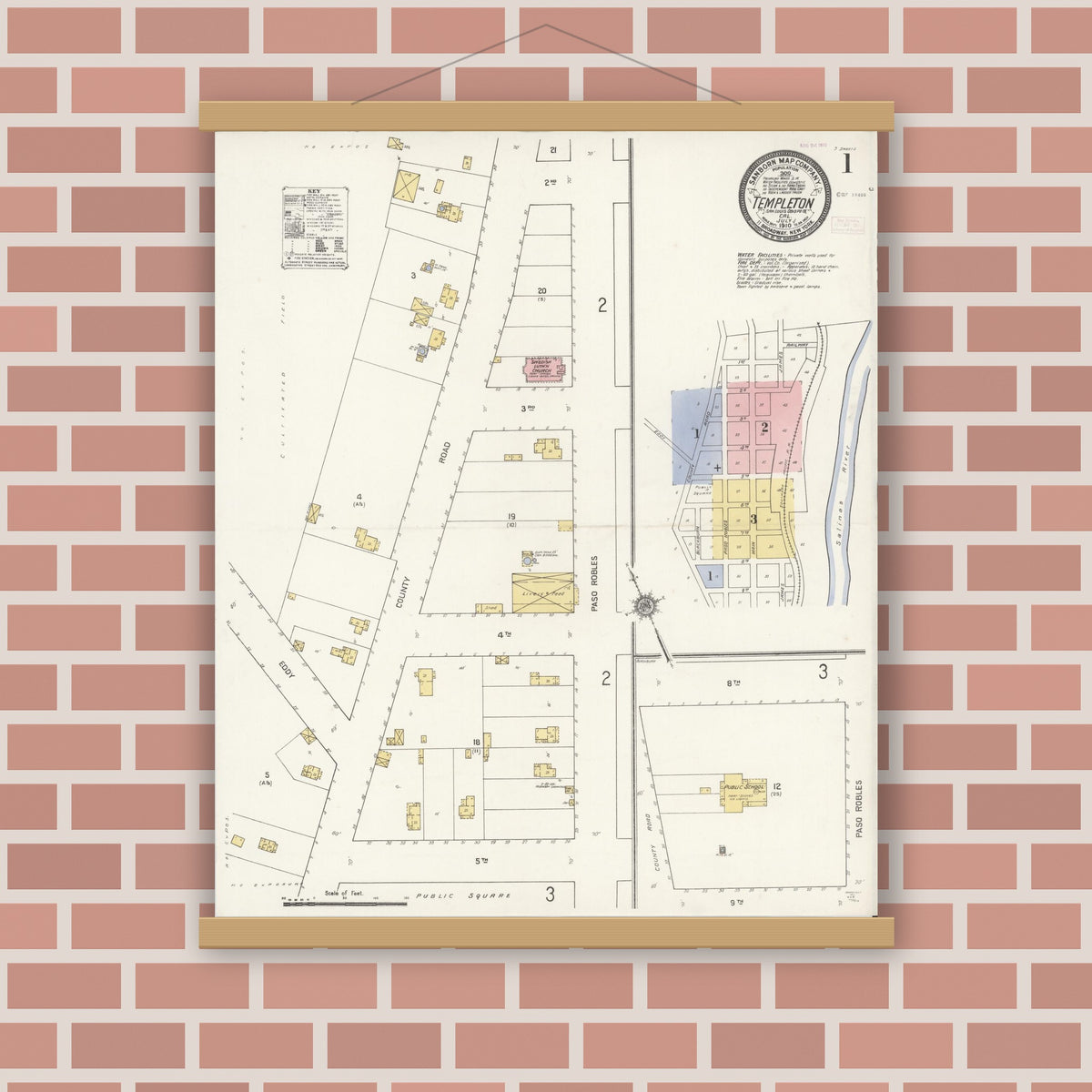 Old map wall art mockup — magnetic wood frame on brick wall — Sanborn Fire Insurance Map from Templeton, San Luis Obispo County, California (1910) - Complete Map Set