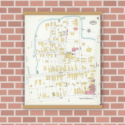 Old map wall art mockup — magnetic wood frame on brick wall — Sanborn Fire Insurance Map from Hampton, Independent Cities, Virginia (1900), Sheet #0004