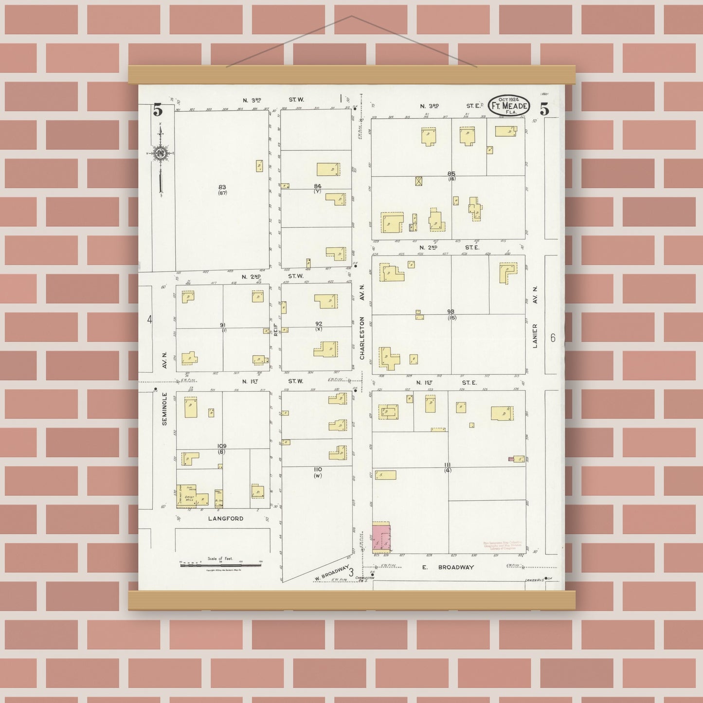 Old map wall art mockup — magnetic wood frame on brick wall — Sanborn Fire Insurance Map from Fort Meade, Polk County, Florida (1924), Sheet #0005