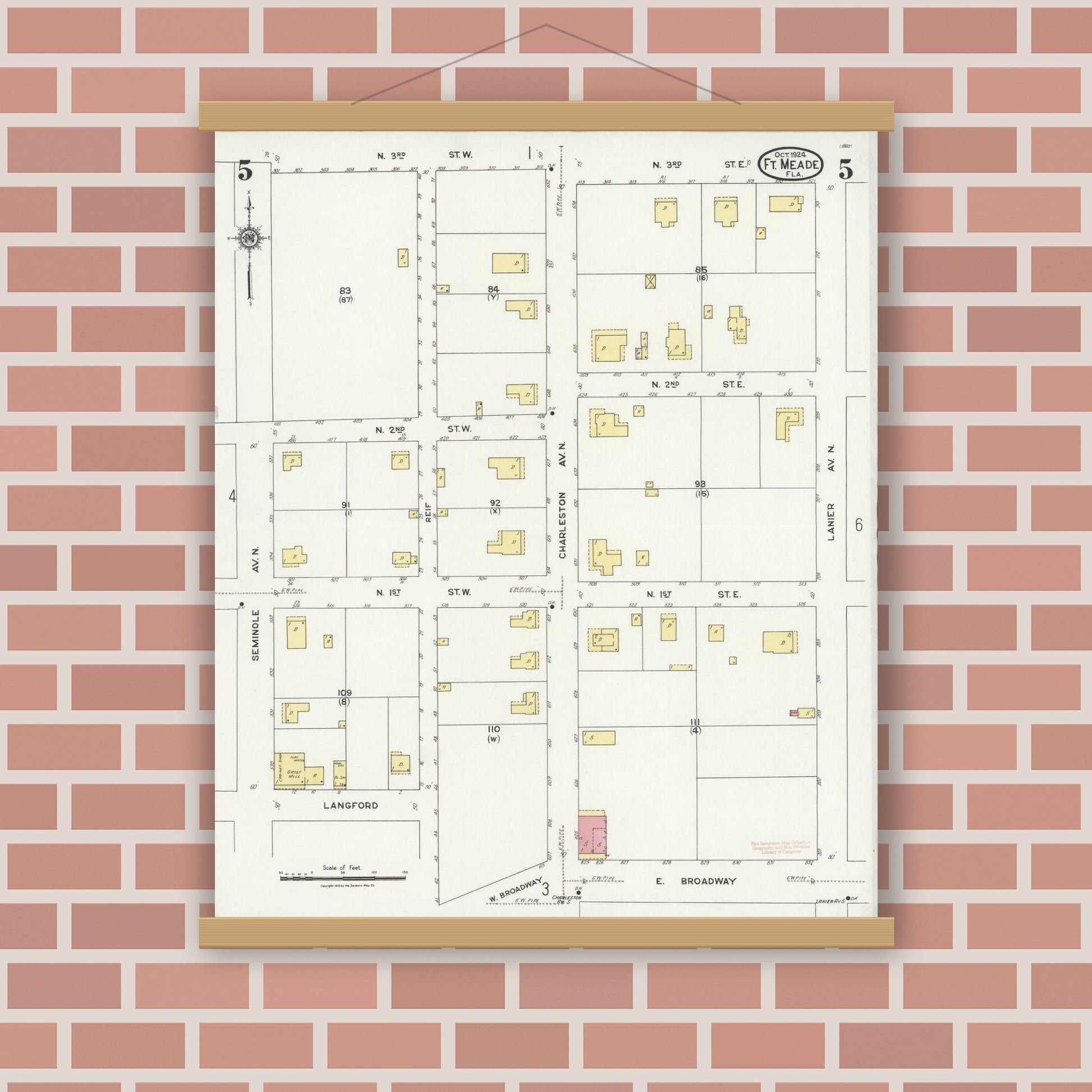 Old map wall art mockup — magnetic wood frame on brick wall — Sanborn Fire Insurance Map from Fort Meade, Polk County, Florida (1924), Sheet #0005