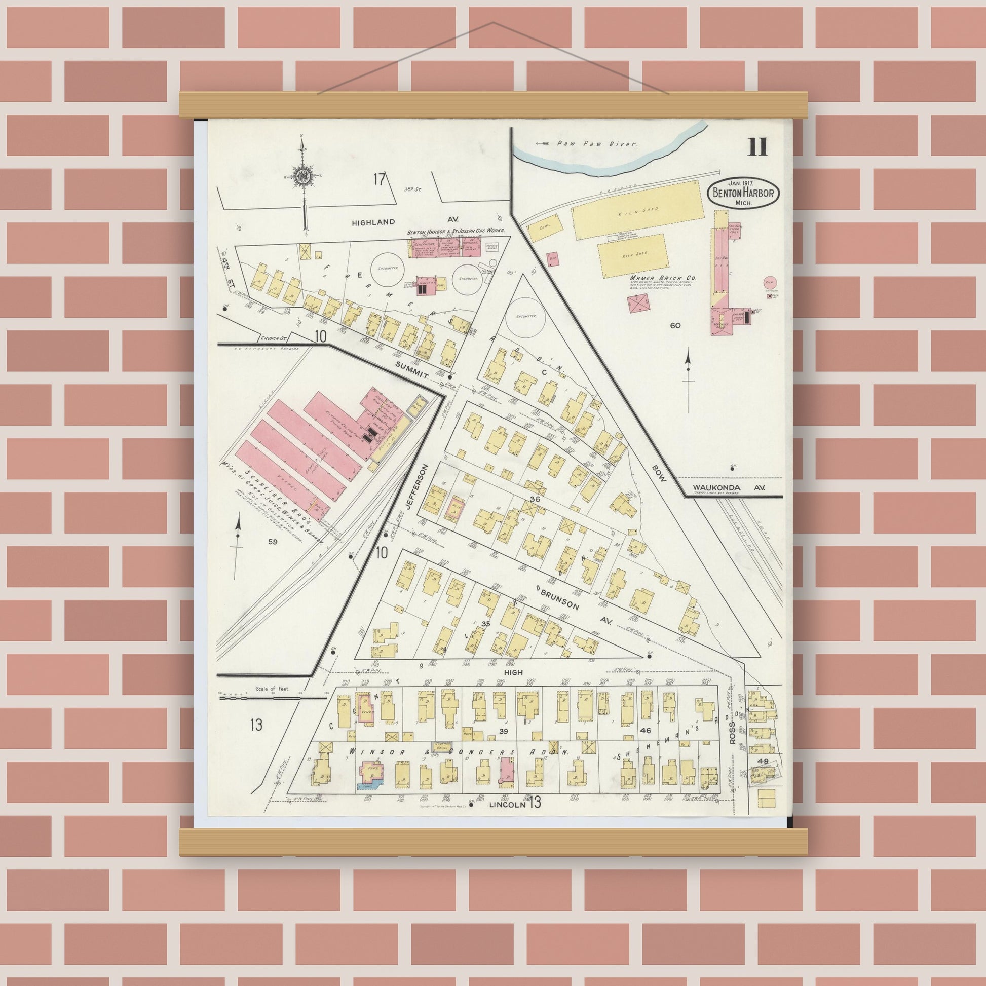 Old map wall art mockup — magnetic wood frame on brick wall — Sanborn Fire Insurance Map from Benton Harbor, Berrien County, Michigan (1917), Sheet #0011