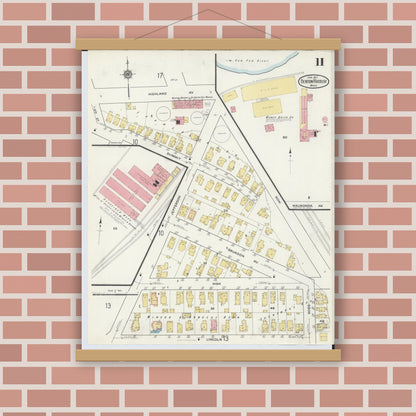 Old map wall art mockup — magnetic wood frame on brick wall — Sanborn Fire Insurance Map from Benton Harbor, Berrien County, Michigan (1917), Sheet #0011