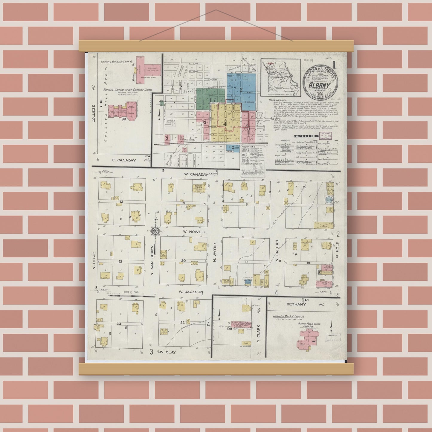 Old map wall art mockup — magnetic wood frame on brick wall — Sanborn Fire Insurance Map from Albany, Gentry County, Missouri (1916) - Complete Map Set
