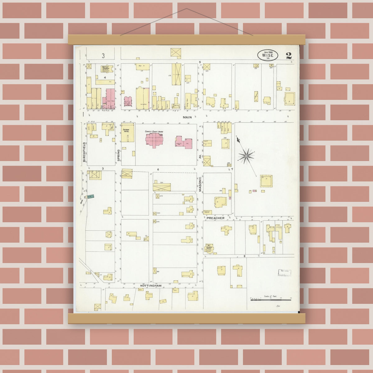 Old map wall art mockup — magnetic wood frame on brick wall — Sanborn Fire Insurance Map from Wise, Wise County, Virginia (1908), Sheet #0002