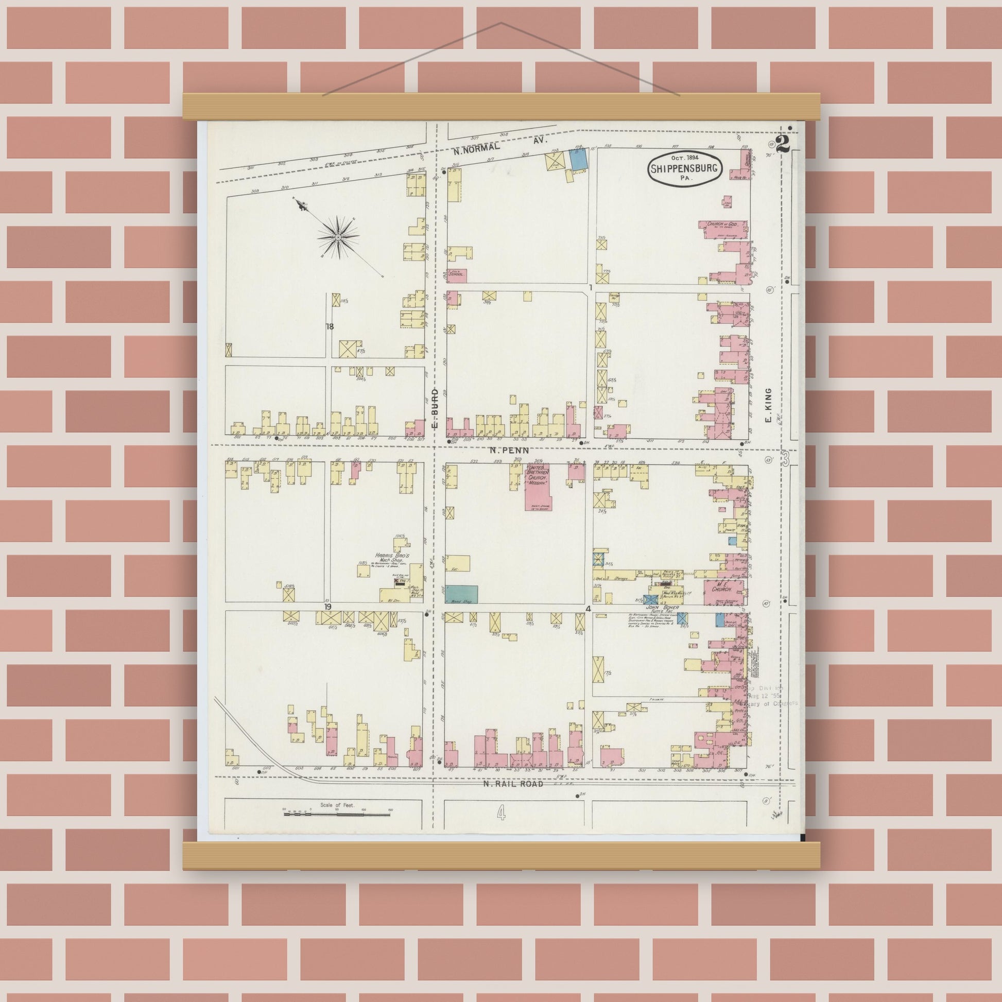 Old map wall art mockup — magnetic wood frame on brick wall — Sanborn Fire Insurance Map from Shippensburg, Cumberland And Franklin Counties, Pennsylvania (1894), Sheet #0002