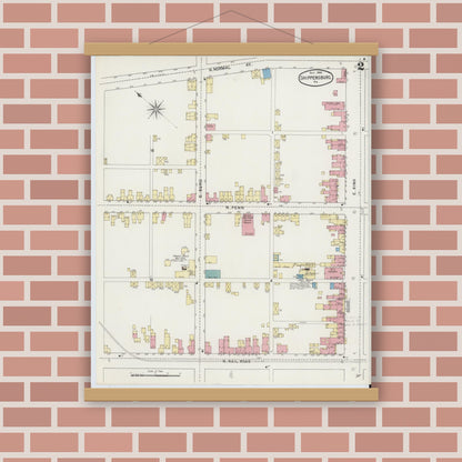 Old map wall art mockup — magnetic wood frame on brick wall — Sanborn Fire Insurance Map from Shippensburg, Cumberland And Franklin Counties, Pennsylvania (1894), Sheet #0002