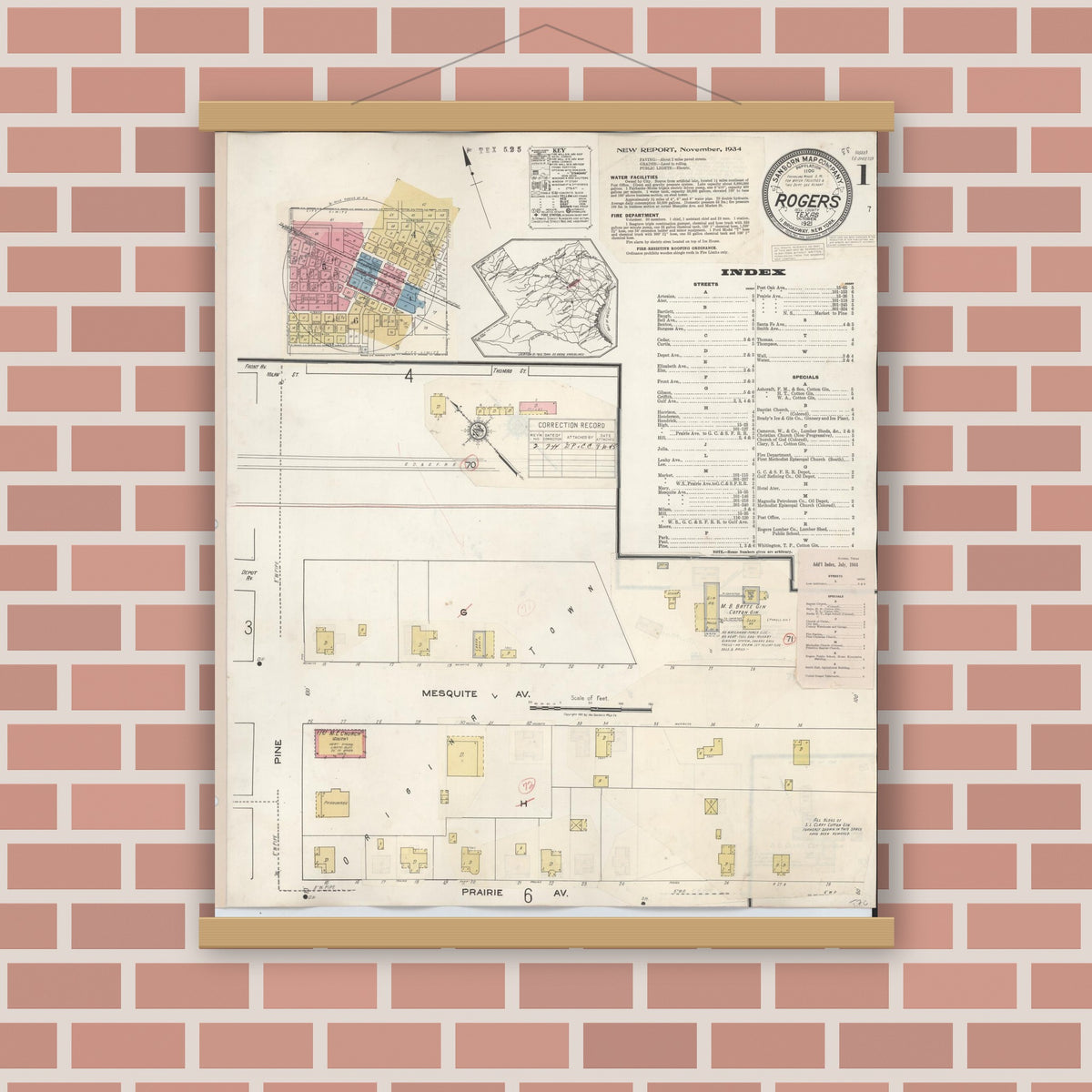 Old map wall art mockup — magnetic wood frame on brick wall — Sanborn Fire Insurance Map from Rogers, Bell County, Texas (1944), Sheet #0001