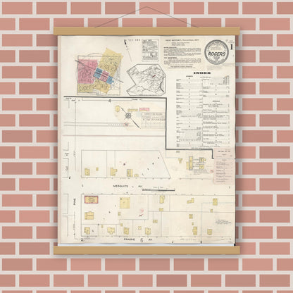 Old map wall art mockup — magnetic wood frame on brick wall — Sanborn Fire Insurance Map from Rogers, Bell County, Texas (1944), Sheet #0001