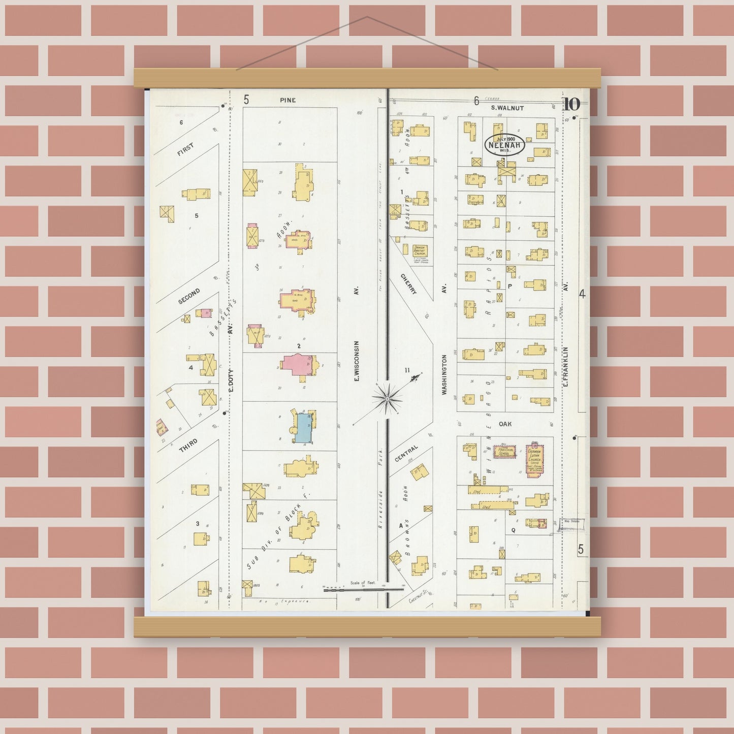 Old map wall art mockup — magnetic wood frame on brick wall — Sanborn Fire Insurance Map from Neenah, Winnebago County, Wisconsin (1900), Sheet #0010