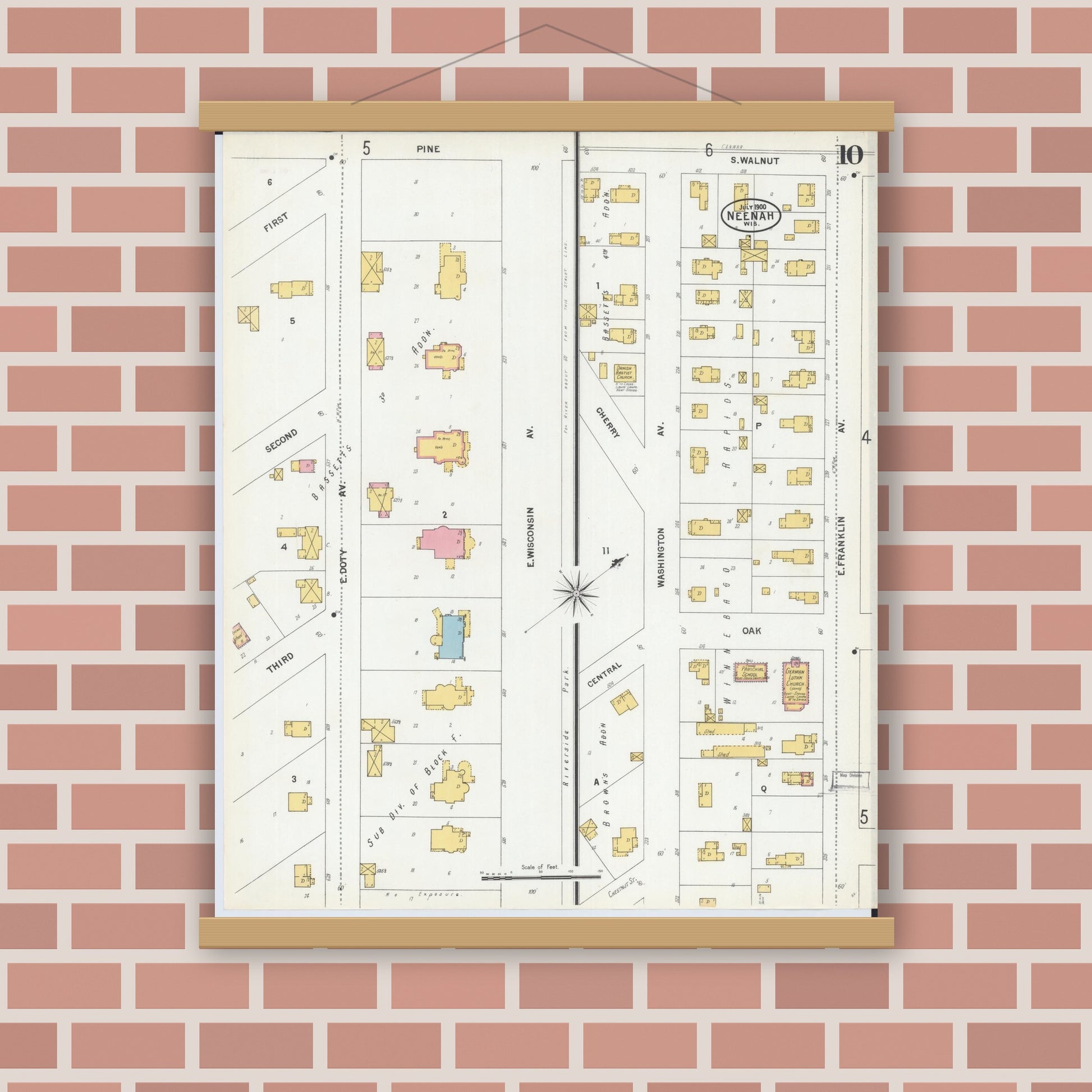 Old map wall art mockup — magnetic wood frame on brick wall — Sanborn Fire Insurance Map from Neenah, Winnebago County, Wisconsin (1900), Sheet #0010