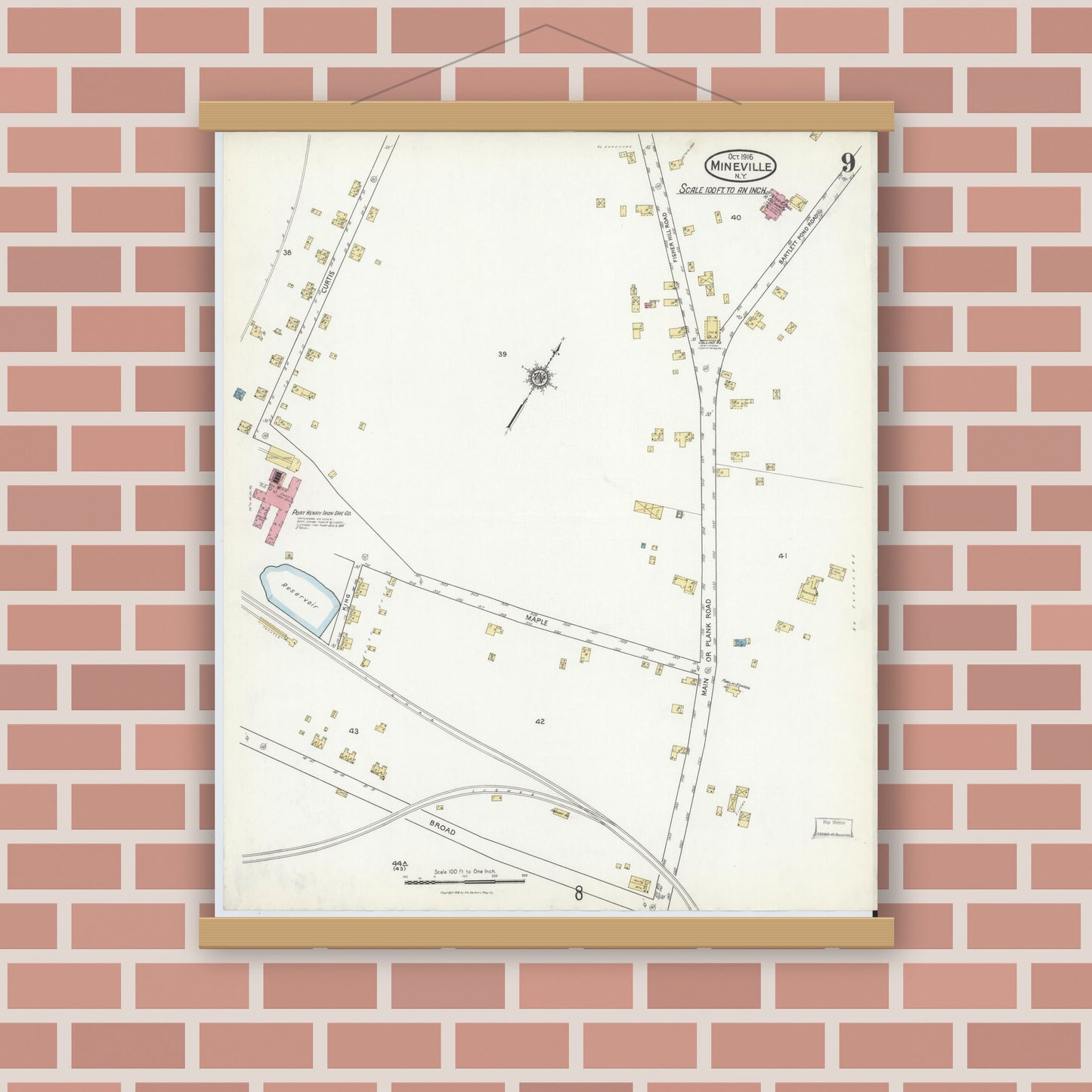 Old map wall art mockup — magnetic wood frame on brick wall — Sanborn Fire Insurance Map from Mineville, Essex County, New York (1916), Sheet #0009