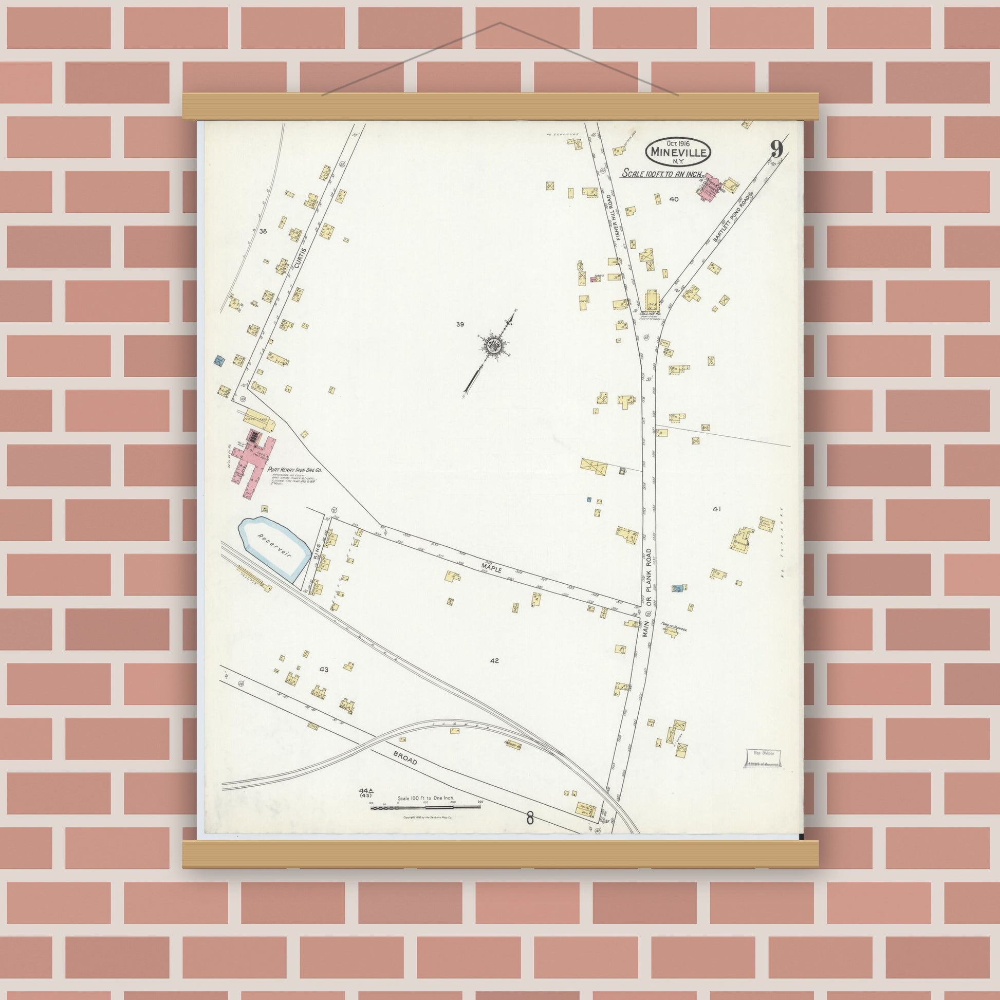 Old map wall art mockup — magnetic wood frame on brick wall — Sanborn Fire Insurance Map from Mineville, Essex County, New York (1916), Sheet #0009