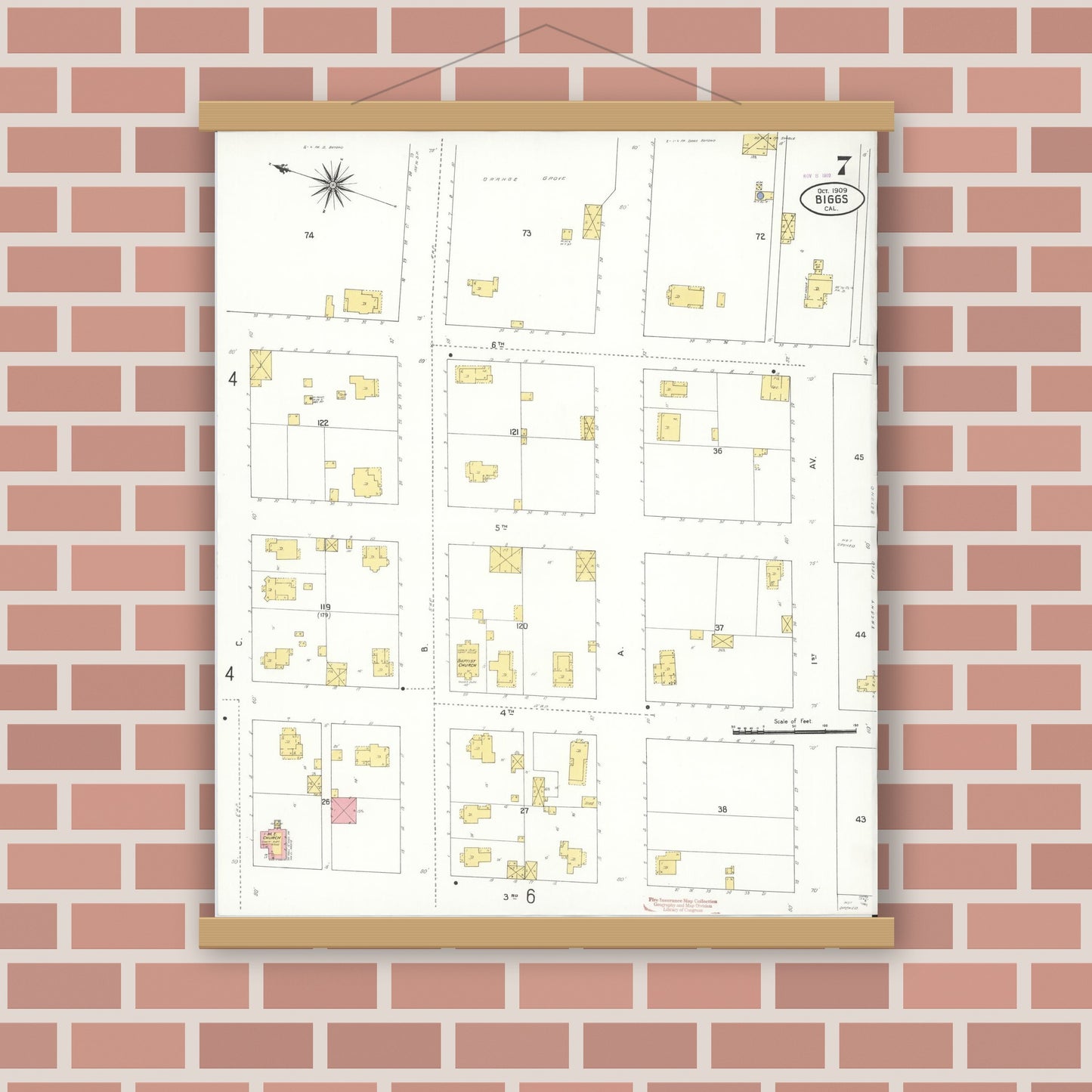 Old map wall art mockup — magnetic wood frame on brick wall — Sanborn Fire Insurance Map from Biggs, Butte County, California (1909), Sheet #0007