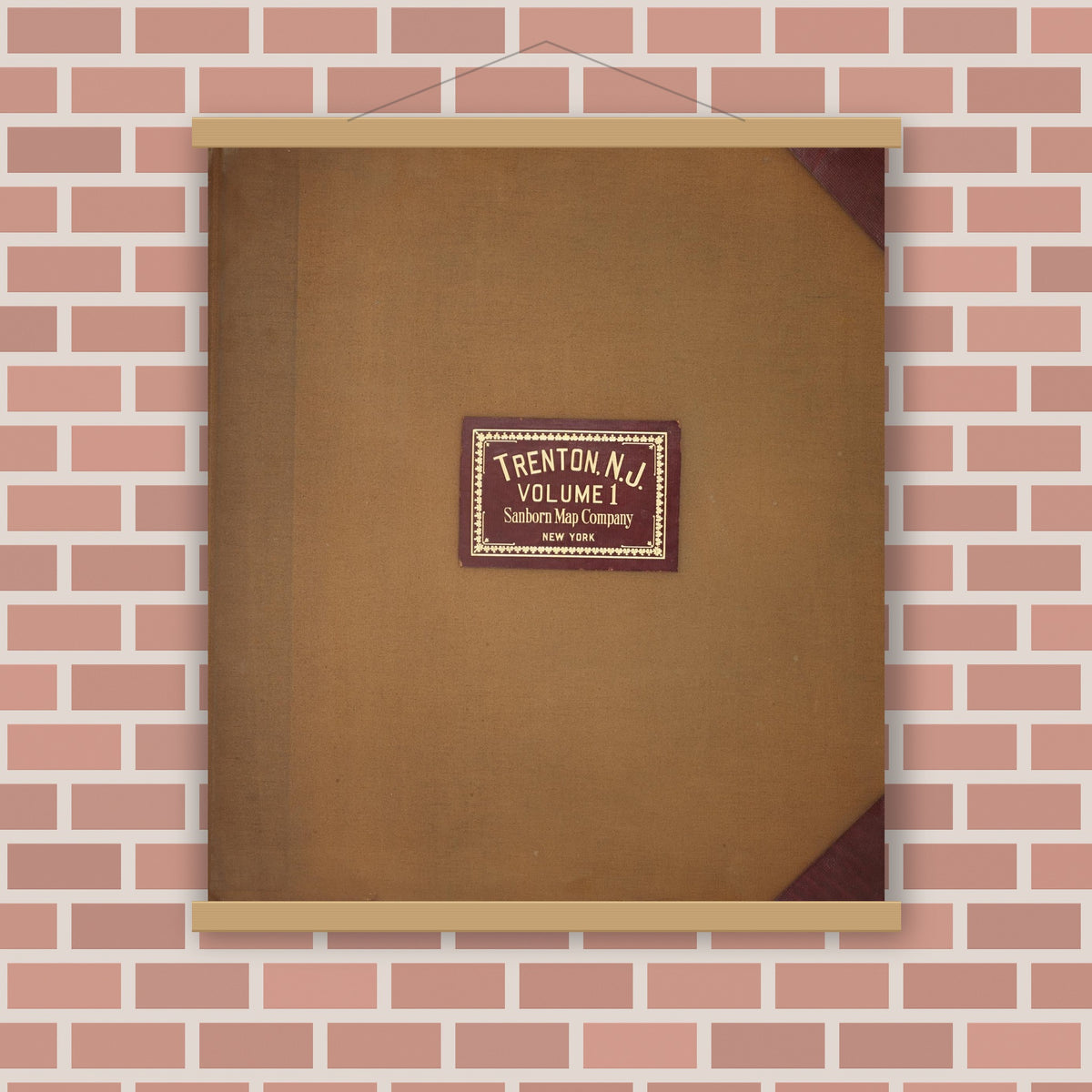 Old map wall art mockup — magnetic wood frame on brick wall — Sanborn Fire Insurance Map from Trenton, Mercer County, New Jersey (1950), Sheet #0001